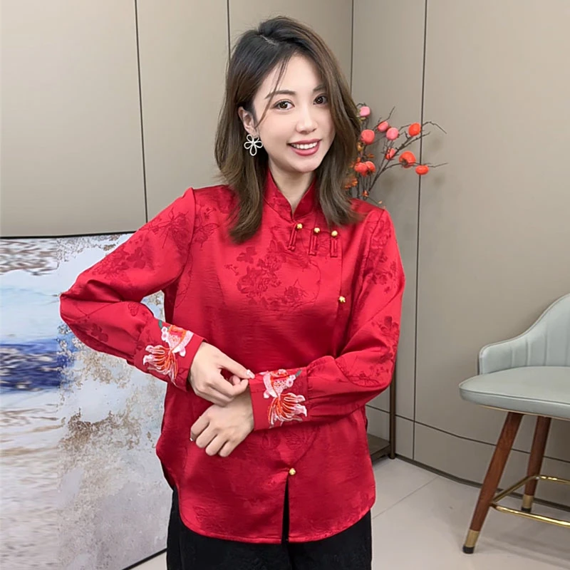 新中式斜襟缎面提花上衣国风复古刺绣打底衫女7882