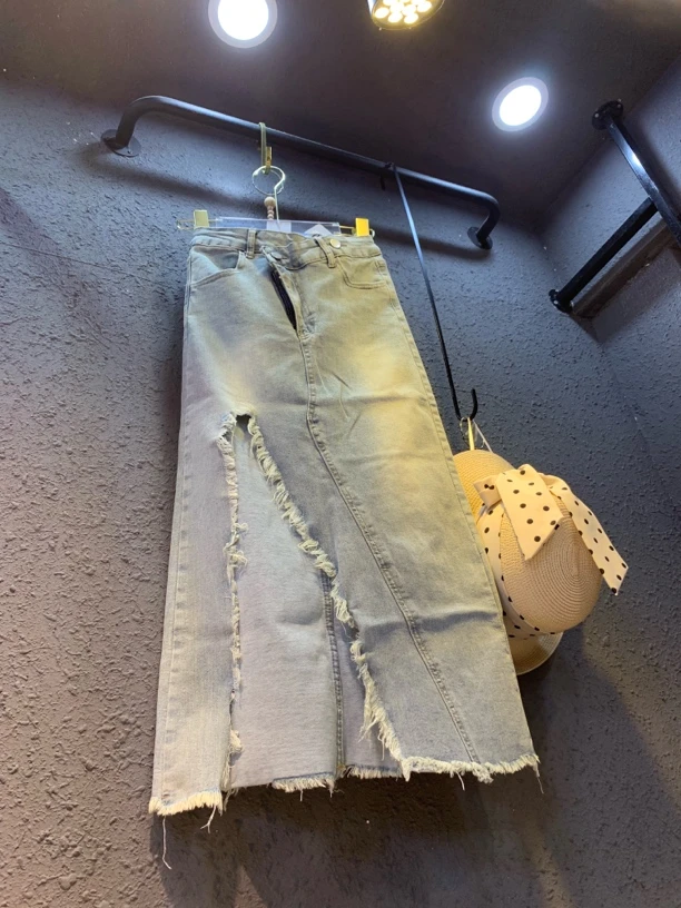 不规则开叉毛边中长裙牛仔包臀裙子