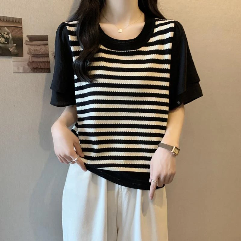 胖妹妹大码女装夏季韩版拼接雪纺短袖T恤条纹小衫遮肉假两件上衣