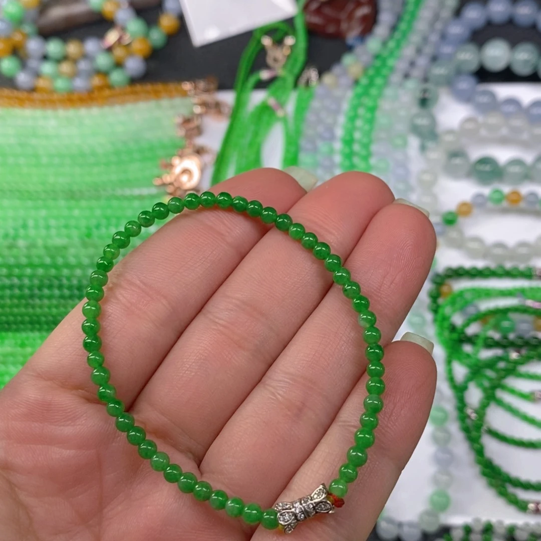 颈饰未镶嵌翡翠缅甸天然翡翠阳绿小米珠手链3.6