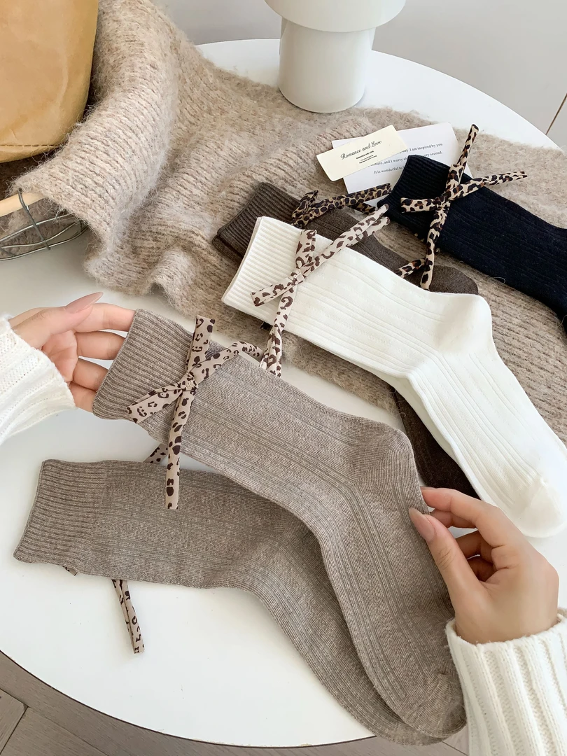 【小豹纹】无骨棉袜|秋冬百搭ins潮韩系中筒堆堆袜豹纹蝴蝶结复古女