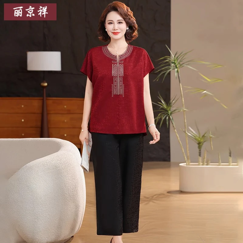 新中式妈妈夏款短袖套装洋气新款中老年女夏季时尚减龄两件套