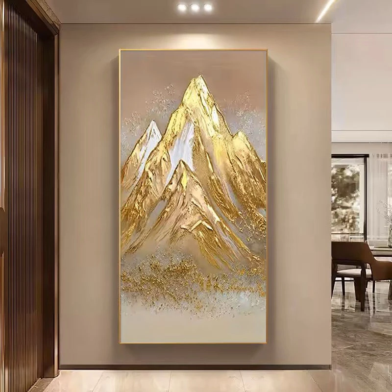 纯手绘油画日照金山玄关装饰画竖版客厅沙发背景墙靠山金箔挂画