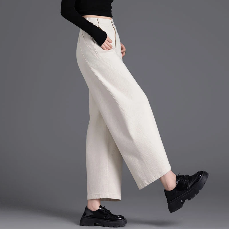 米白色加绒牛仔裤女2025新款秋冬季休闲裤女小个子九分裤子弯刀裤