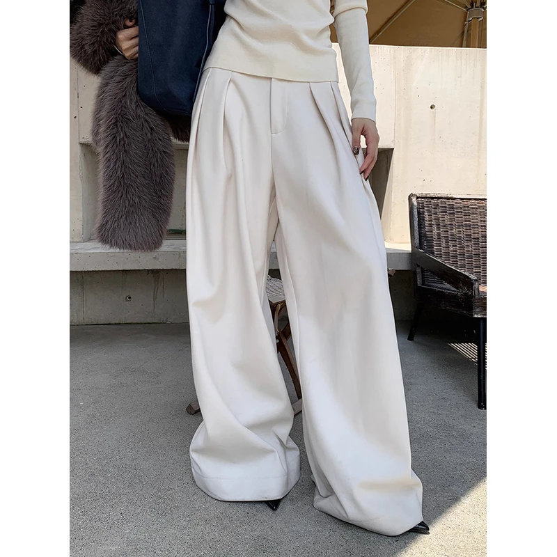 耶古法式白色阔腿裤女2025秋冬新款高腰垂感压褶设计感a字休闲裤