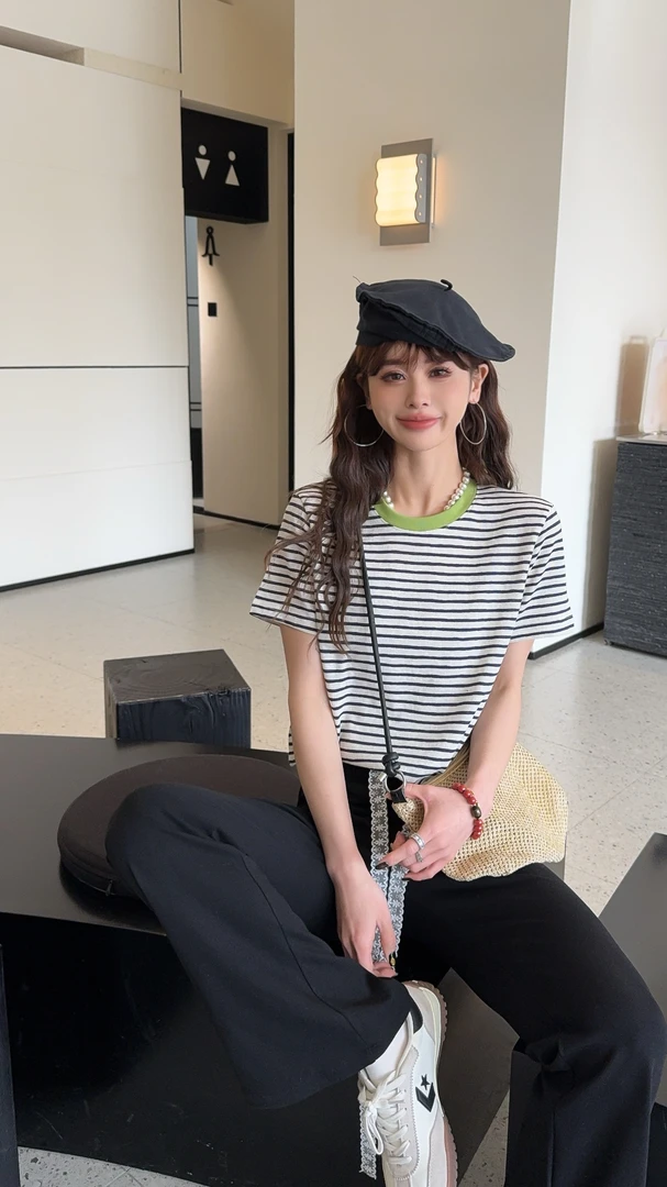 0439【夏季新款】麻绵条纹撞色领圆领短袖（5033）