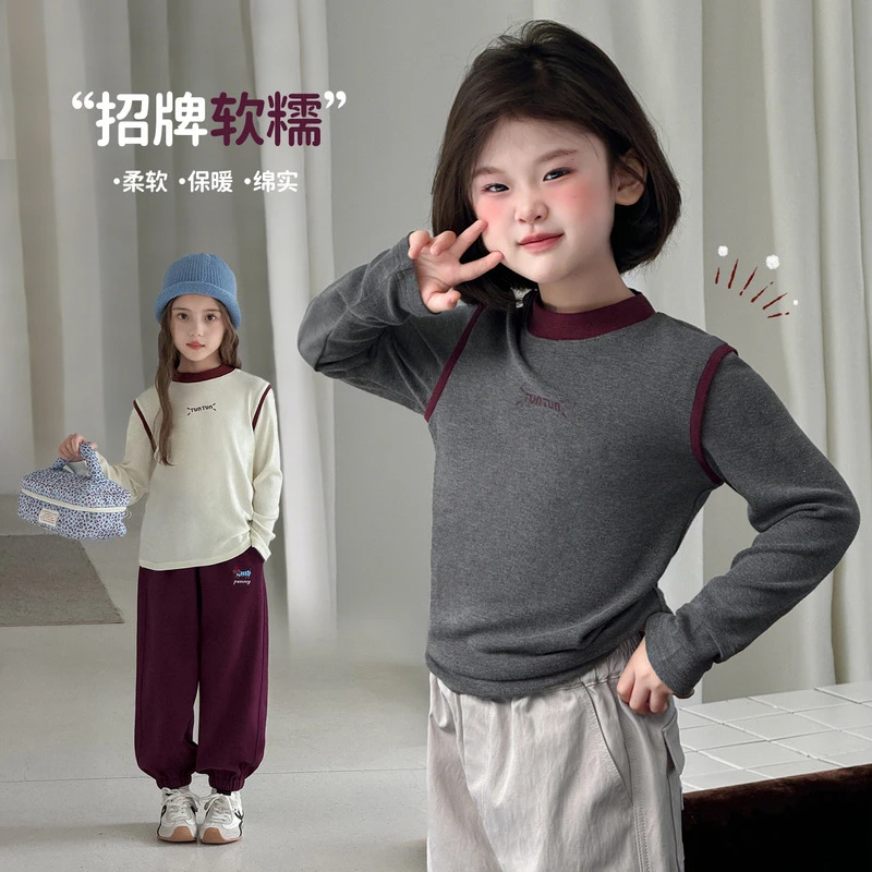 【260g棉云绒•韩版拼接撞色百搭T恤】女童秋季加厚打底衫高弹上衣