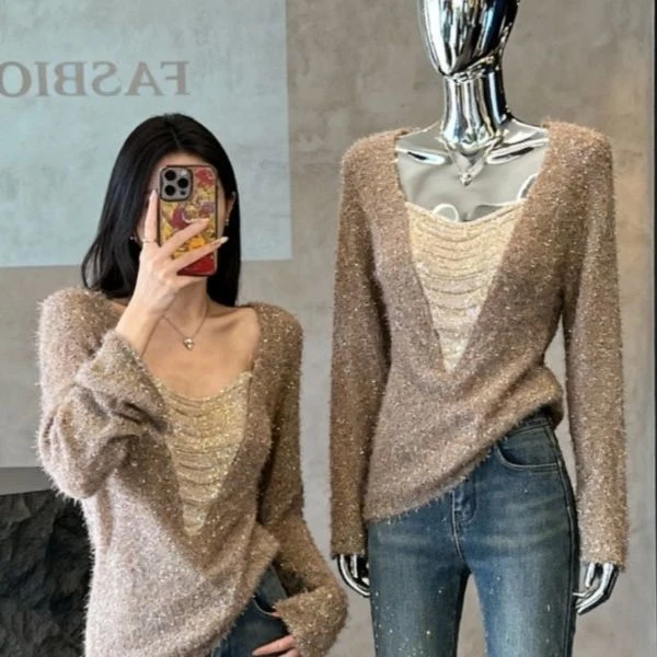 高级感重工银线链条针织衫女秋冬新款V领设计感毛衣显瘦气质上衣
