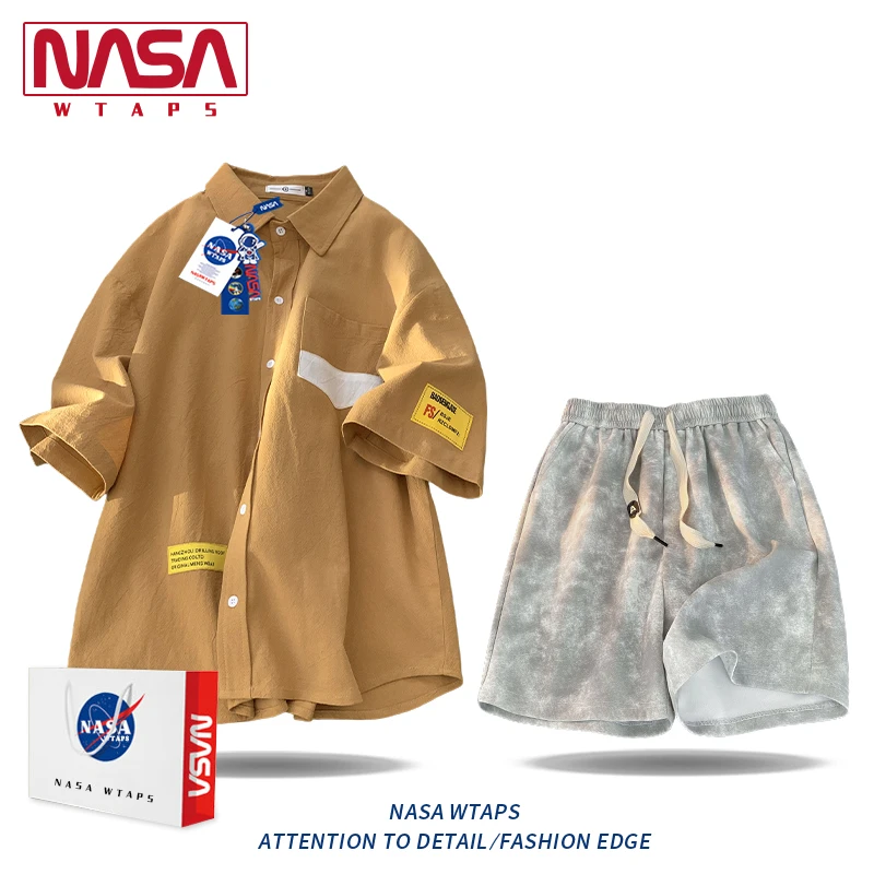 NASA WTAPS日系复古短袖衬衫套装男款夏季休闲百搭衬衣短裤两件套