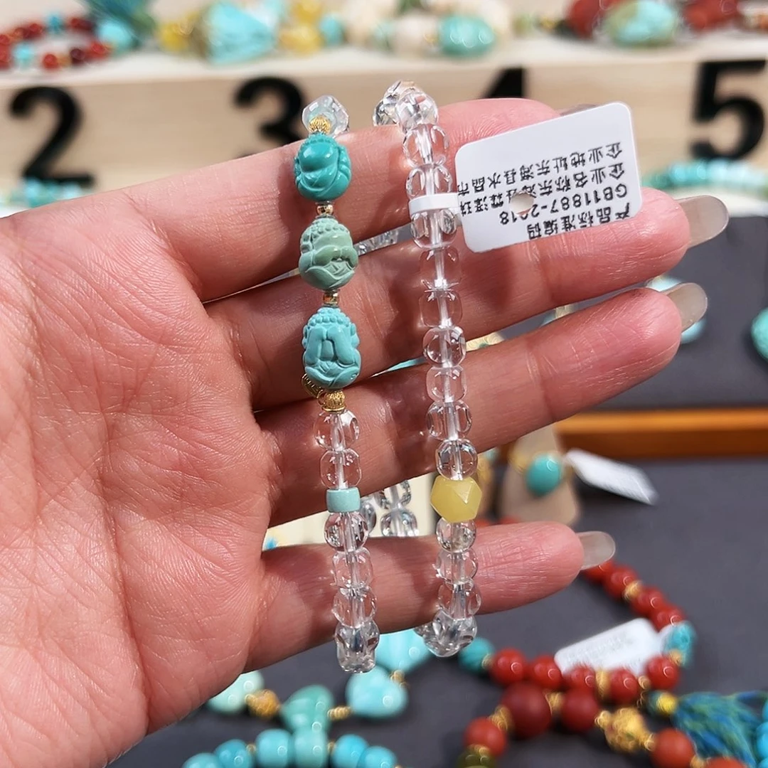 绿松石18K金镶嵌手链双圈三不佛手串