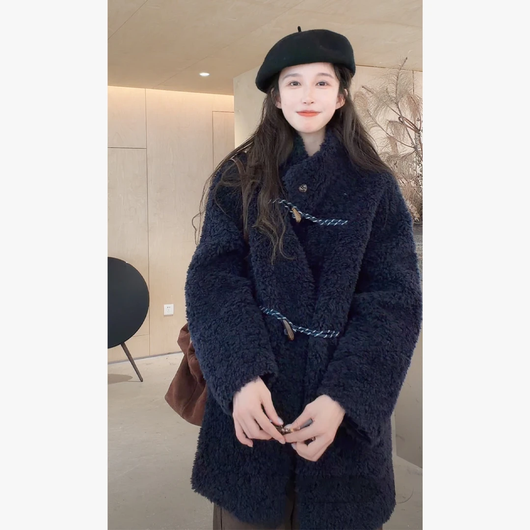 Z.blues【贵千金·墨蓝】天然卷曲颗粒牛角扣羊毛外套YZPYLZ0361