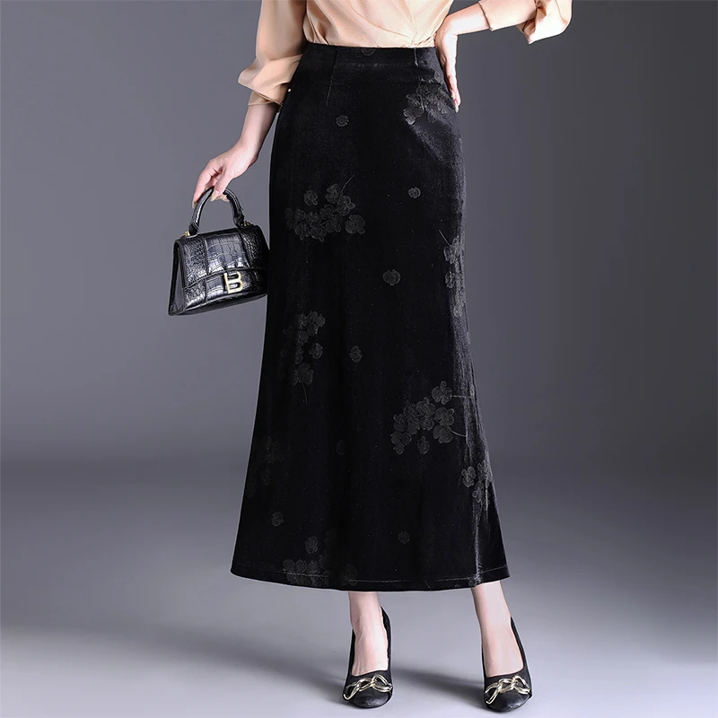 印花丝绒鱼尾裙半身裙女秋冬季新款高腰包臀裙中长款修身一步裙子