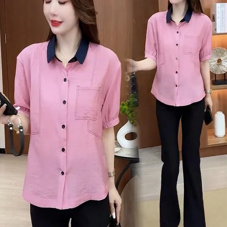 时尚洋气短袖衬衫女2025夏季新款翻领开衫宽松小个子薄款休闲衬衣