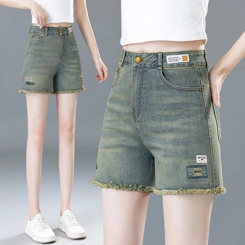 毛边破洞高腰牛仔裤女2025年新款夏天潮流短热裤夏季薄款a字阔腿