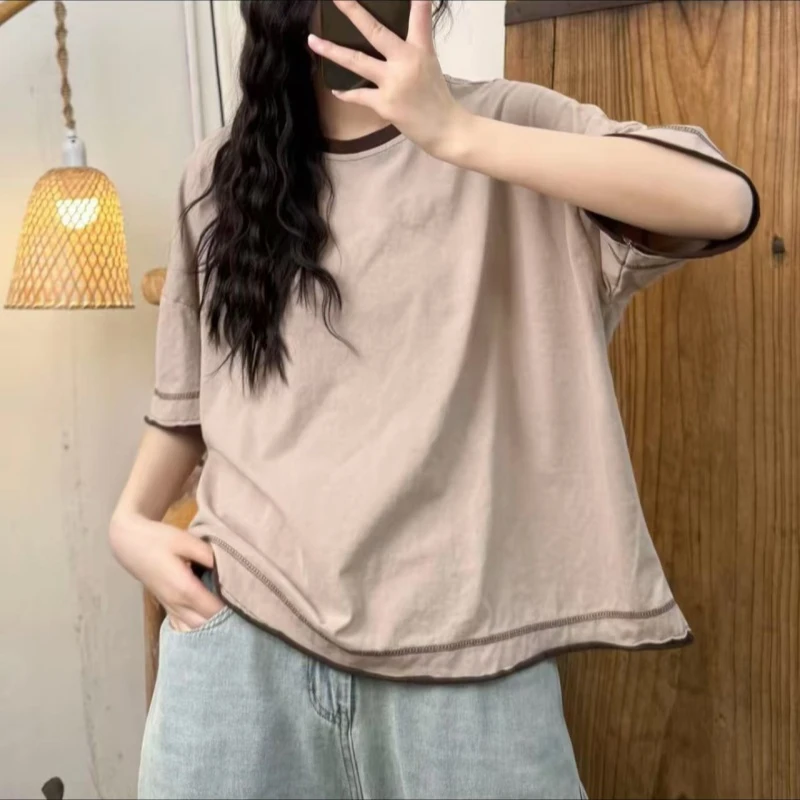 夏季全棉撞色边拼接落肩袖休闲T恤时尚百搭女