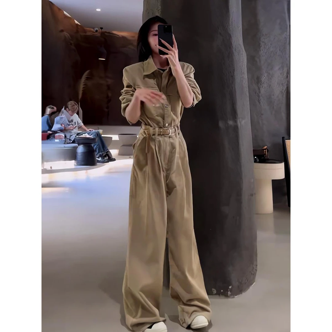 VOCKOO官方港式气质牛仔套装女2025秋季宽松显瘦翻领夹克外套阔腿