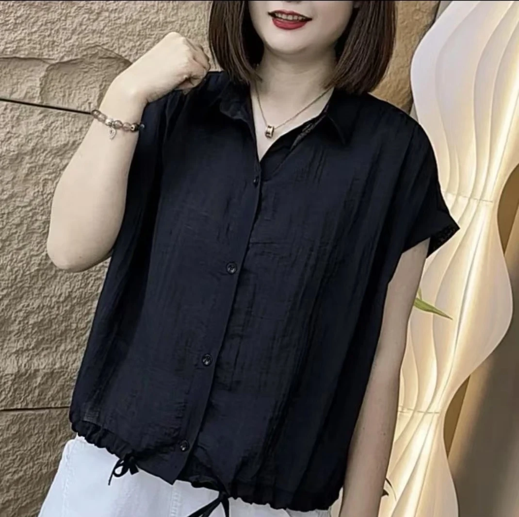 夏季新款时尚翻领纯色系带法式衬衫气质百搭洋气减龄宽松显瘦小衫