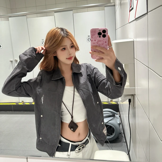 黑月光moonlight美式复古刺绣翻领夹克短外套女春秋上衣修身显瘦