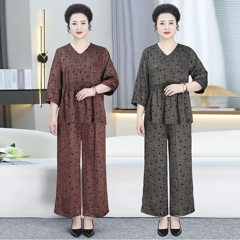 大码妈妈装V领满印套装女春夏款中老年洋气阔腿裤两件套宽松2550