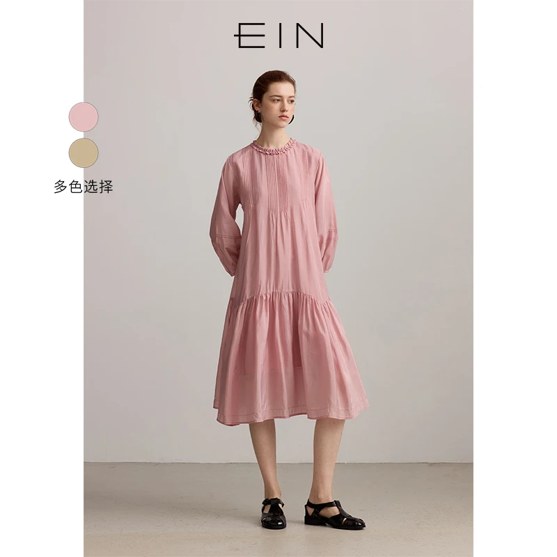 EIN/言空气感浪漫木耳边圆领风琴褶低腰分割铜氨连衣裙女夏季新款