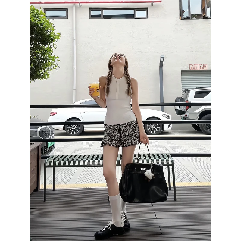 立领针织背心修身复古半无袖短上衣美式豹纹半身裙A字蛋糕裙短裙