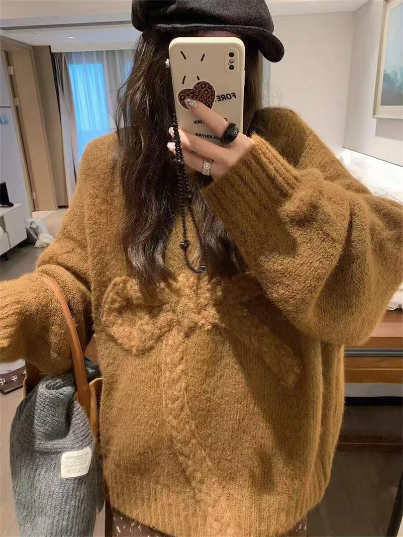 韩版慵懒风立体蝴蝶结针织毛衣女秋冬新款高级感软糯宽松休闲上衣