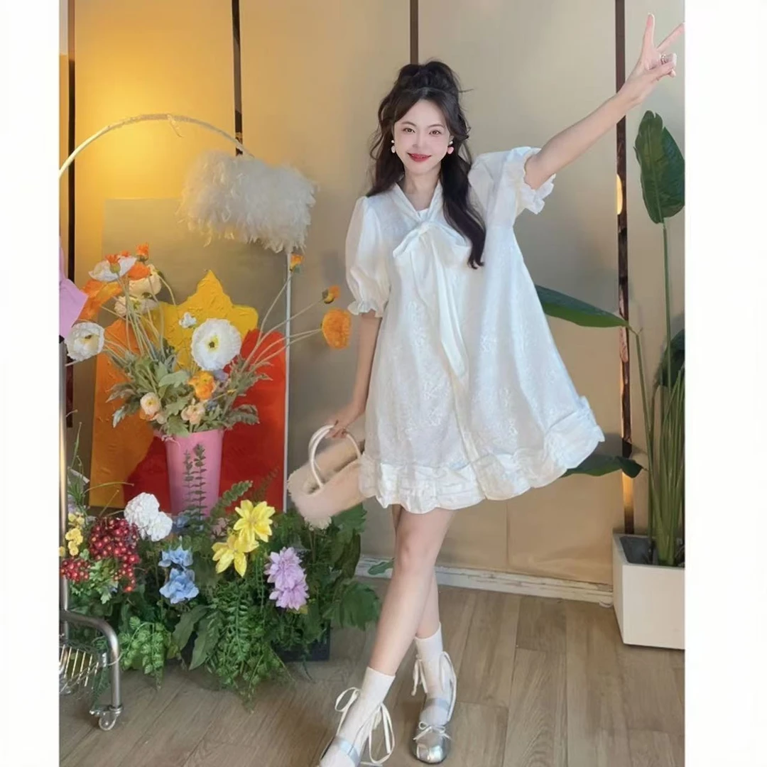 燃冉【白茶清欢】夏季韩版纯色甜美泡泡袖连衣裙法式设计感裙子