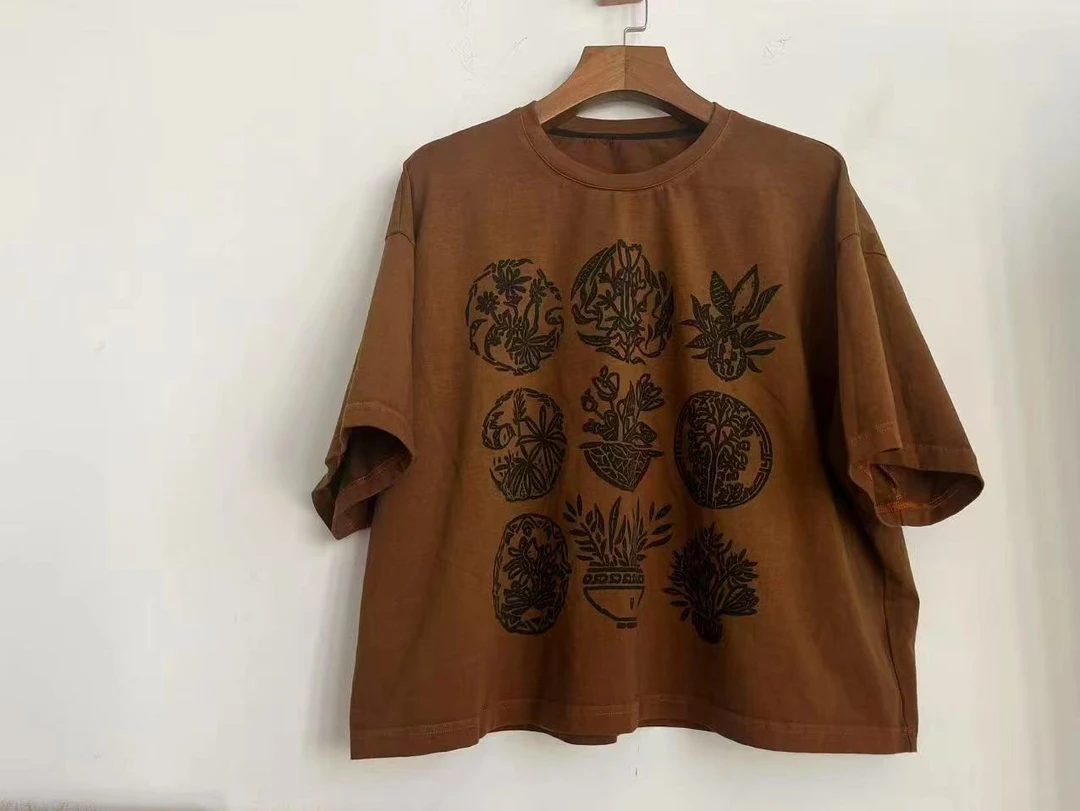 荼-35767新款本草纲目印花炒色夏季棉T恤