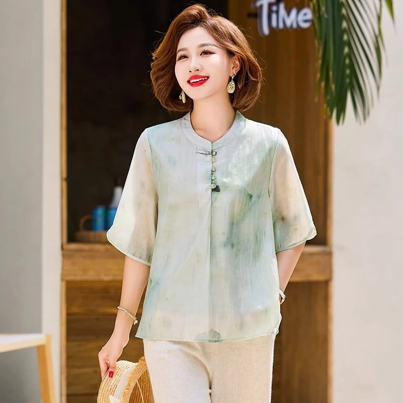 妈妈夏季短袖T恤中年女装夏装新款小衫中老年洋气中式母亲节衣服