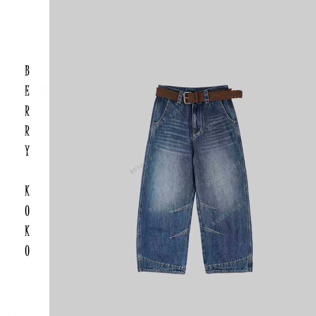 【MISSKO】早秋复古休闲洗水时尚九分百搭弯刀牛仔裤（带腰带）K88