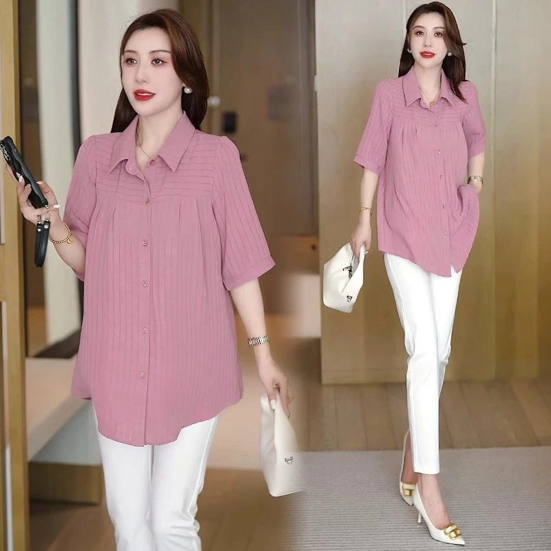 2025夏季新款时尚短袖条纹衬衫女宽松大码遮肉显瘦洋气百搭衬衣潮