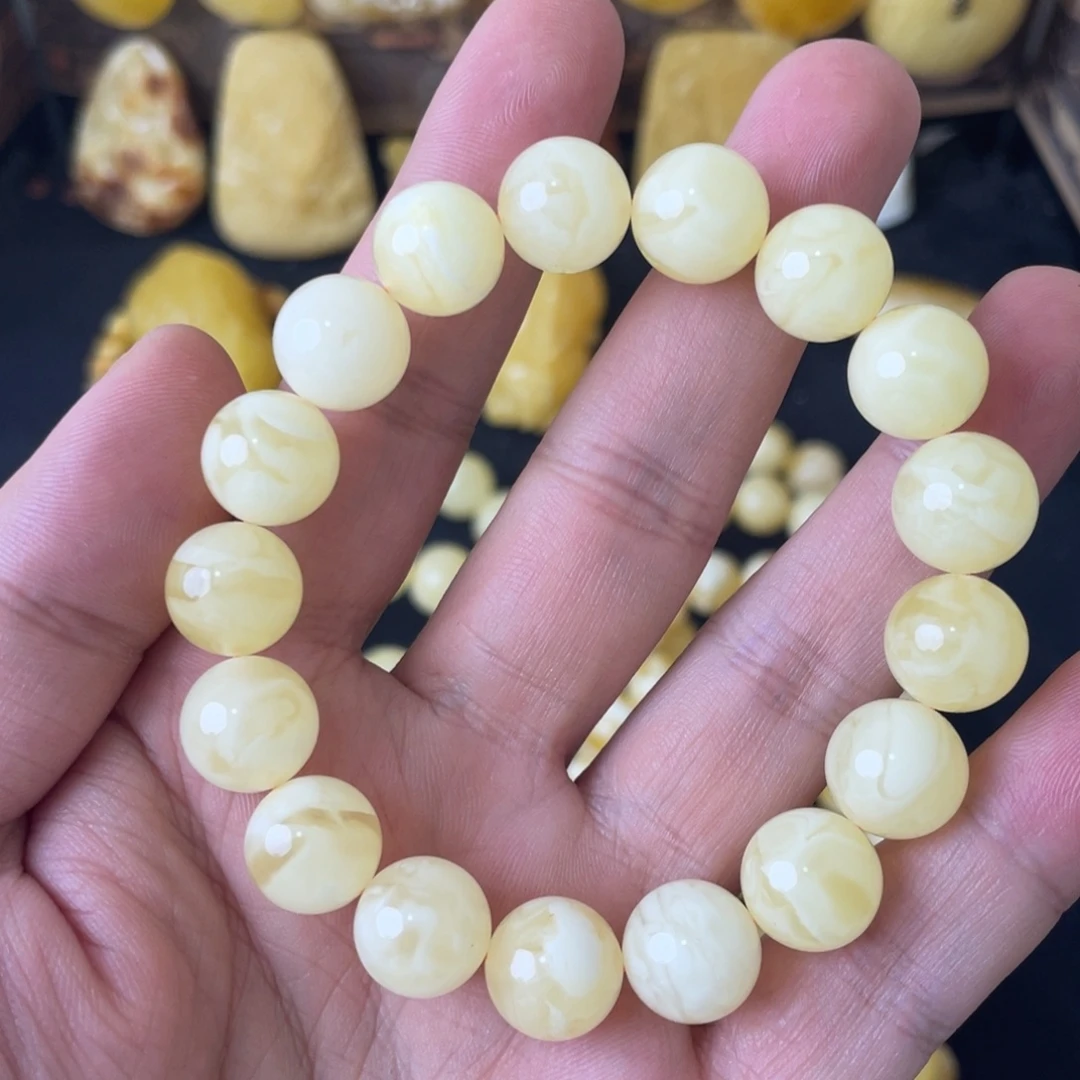 琥珀未镶嵌手串12+妖白花圆珠手串