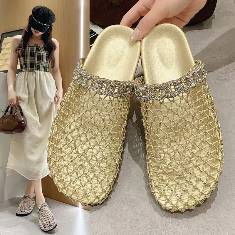 纯色休闲风编织轻职风包头包头拖平跟(小于等于1cm)