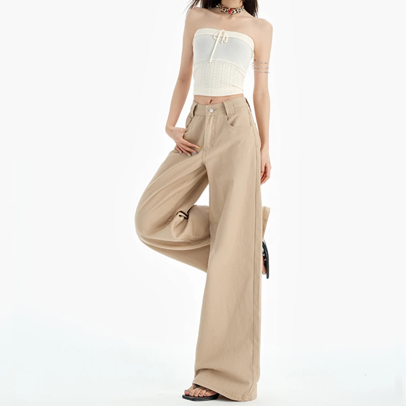 拉夏贝尔慵懒风棕色裤子牛仔裤女款爆款2025新款百搭宽松阔腿裤