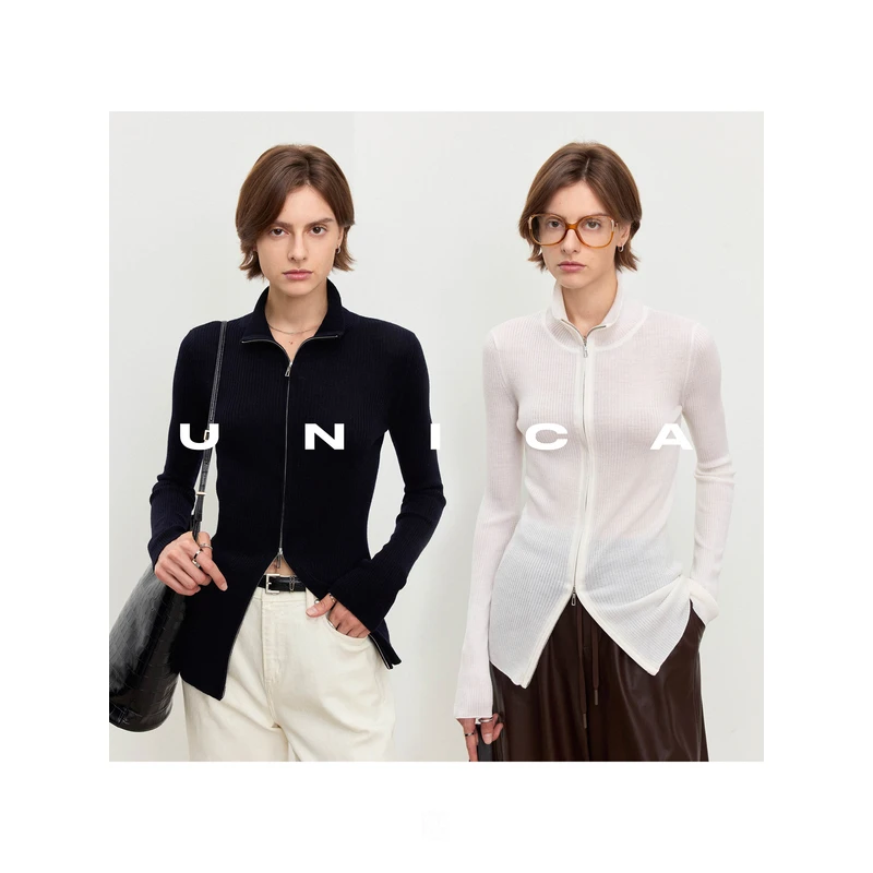 UNICA/轻运动多穿法_双开造型美丽诺羊毛修身显瘦针织开衫