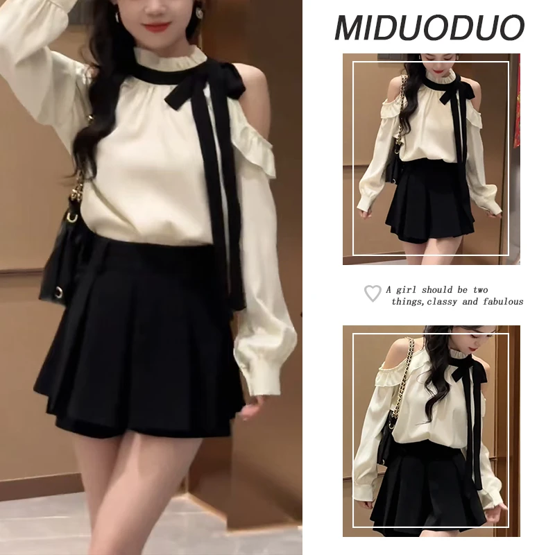 早春时尚穿搭2025年新款韩系百搭露肩长袖上衣显瘦短裙两件套装