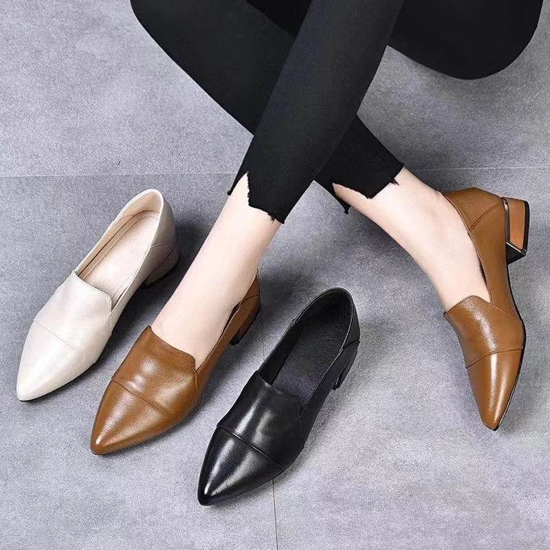 单鞋女粗跟2025春秋新款真皮软底通勤女鞋尖头两穿四季鞋女中跟