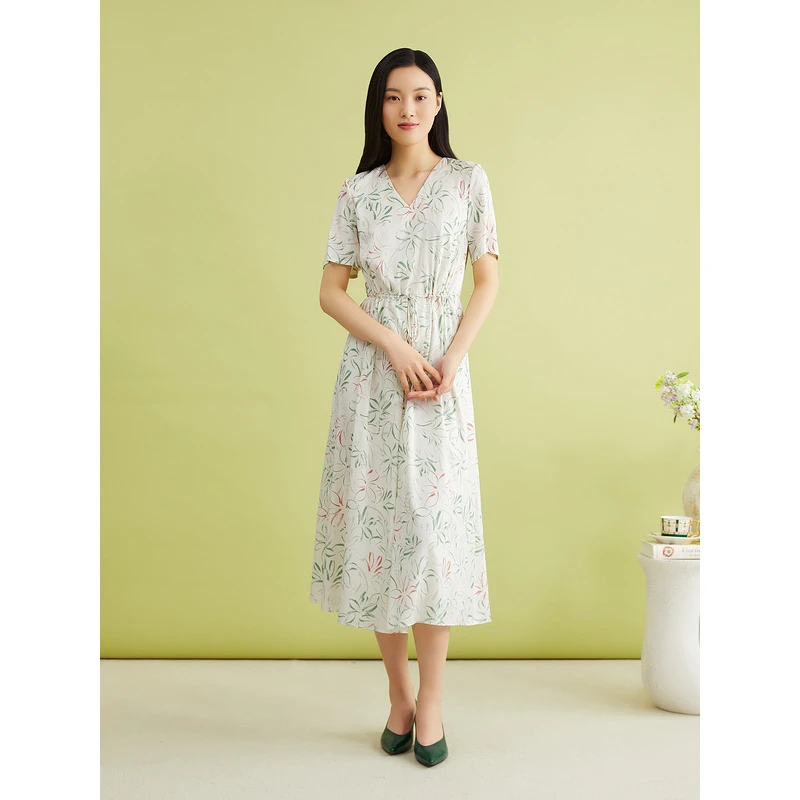 【真丝系列】YINER音儿夏季弹力斜纹绸印花连衣裙8C34205820