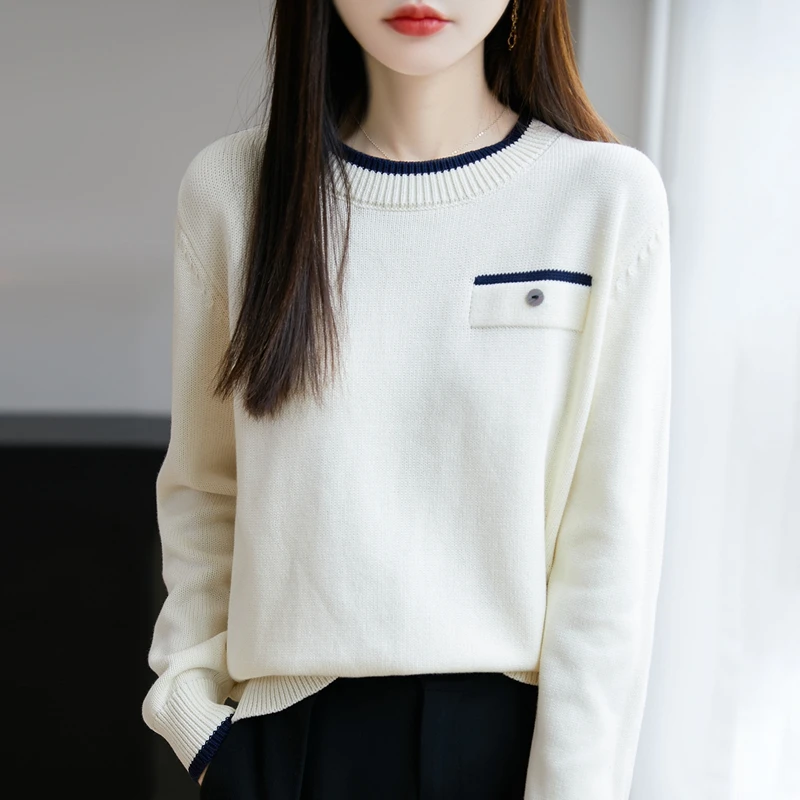 品牌女装正品秋冬新款洋气内搭针织打底衫圆领撞色百搭套头毛衣