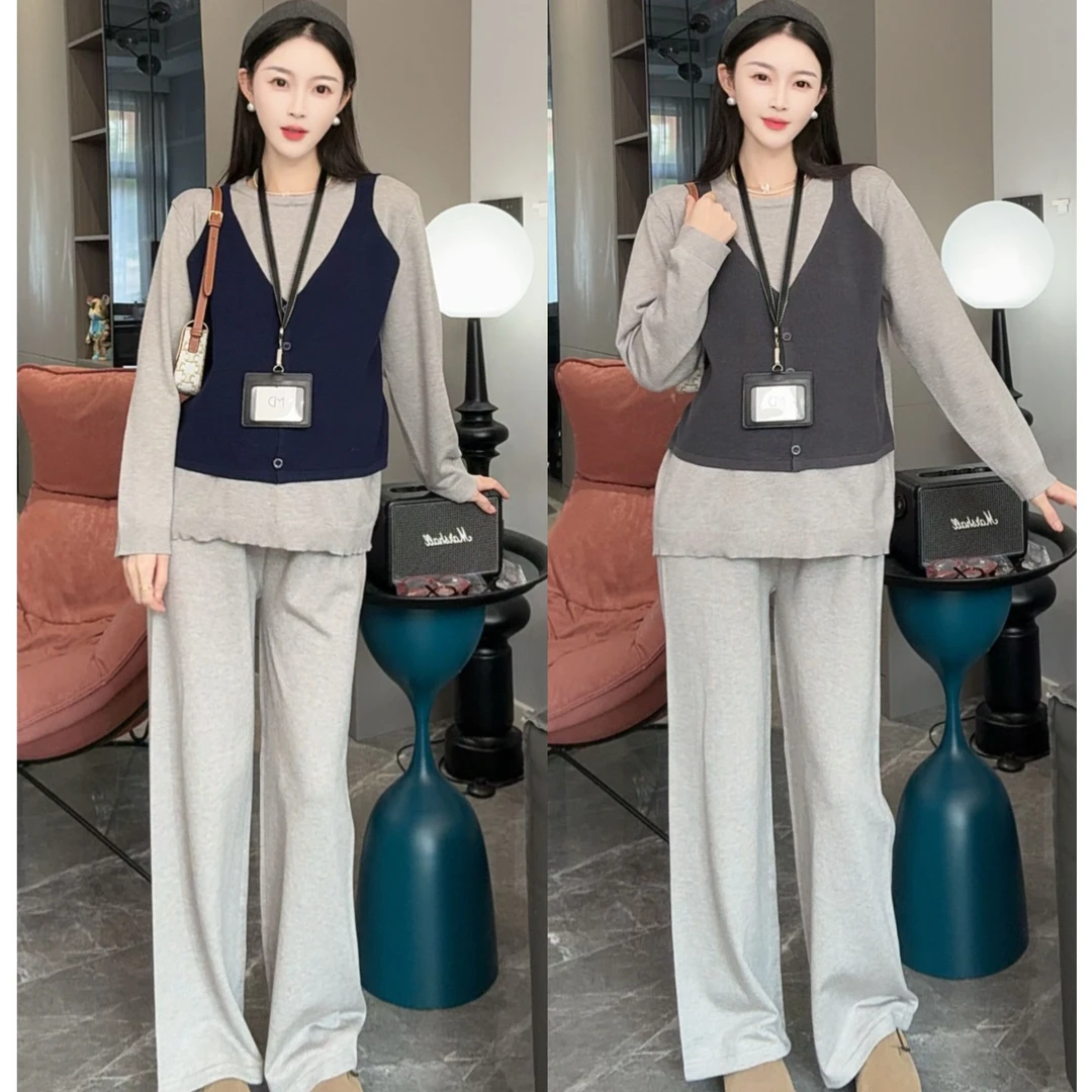 孕妇秋冬季2025新款时髦高质量流行韩版宽松假两件上衣阔腿裤套装