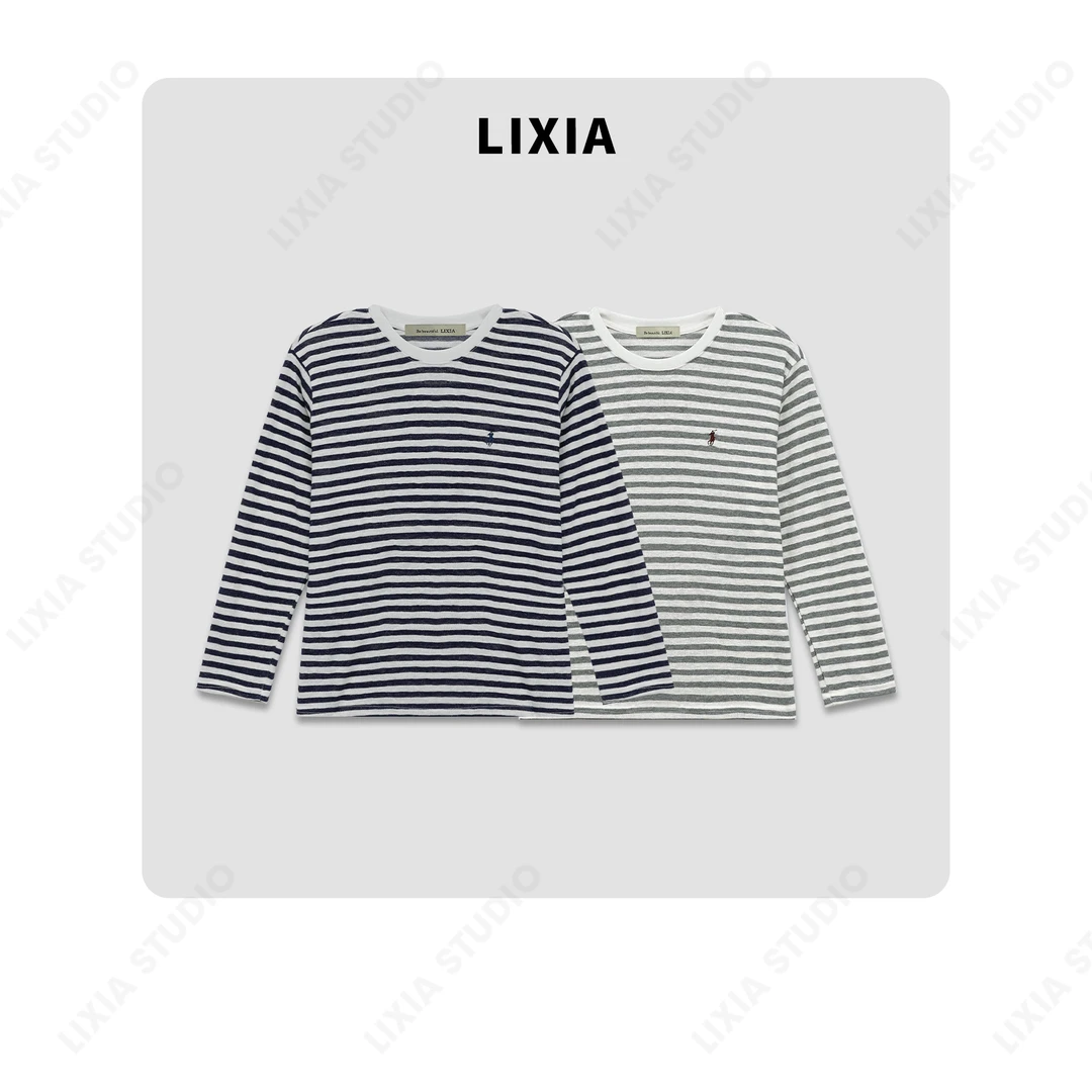 LIXIA【慵懒惬意】圆领高弹细横条纹T恤-A8105