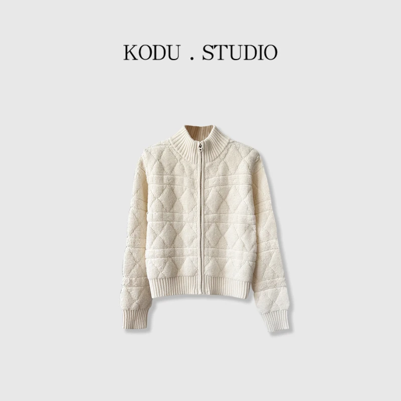 【刻度KODU】CH-4758秋季通勤拉链式滕格纹后背蜘蛛设计感针织衫