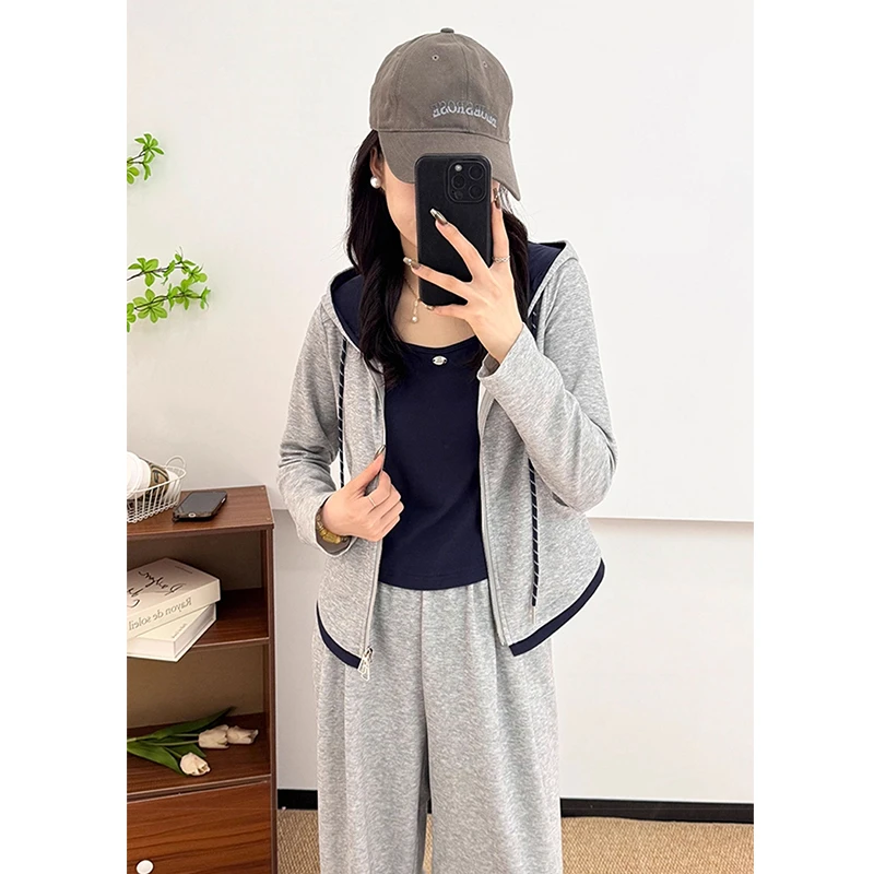 连帽收腰卫衣爆款阔腿裤两件套女2025春秋新款时尚休闲穿搭一整套