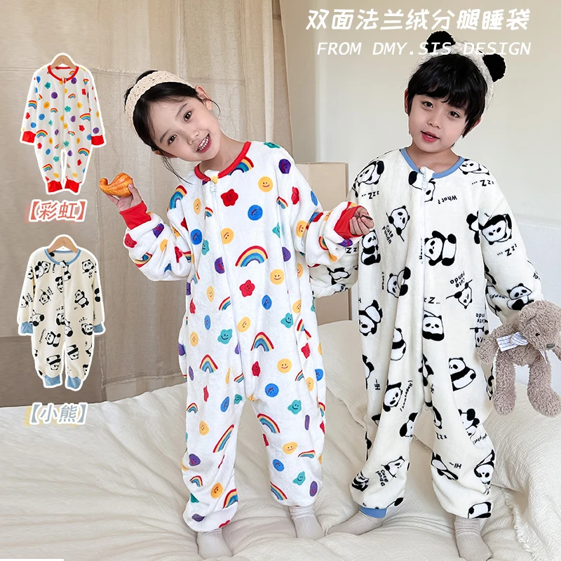 儿童连体睡衣秋冬法兰绒加绒加厚男女童宝宝珊瑚绒家居服防踢睡袋