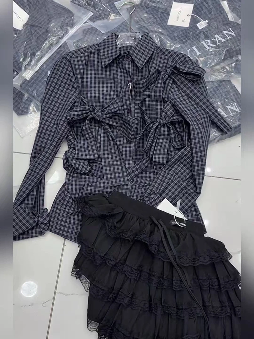 大码春季新款设计感绑带蝴蝶结衬衫