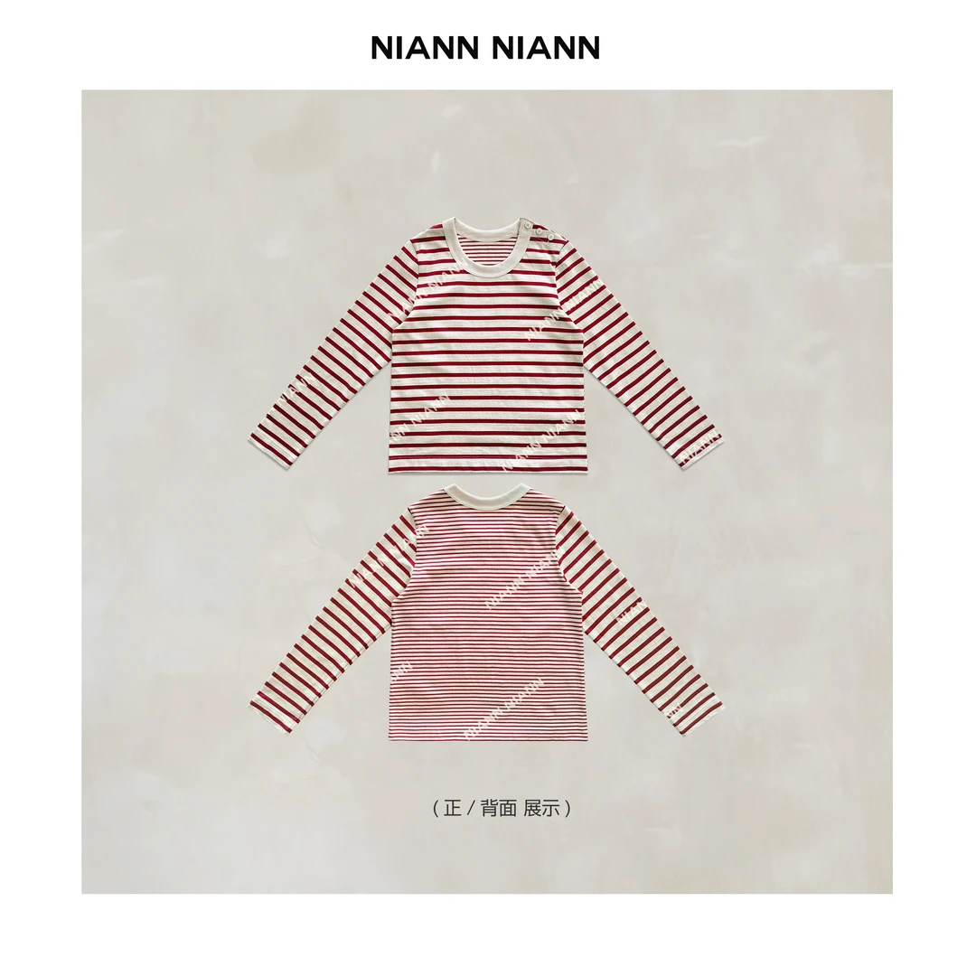 NiannNiann 新品女装显瘦订制全棉条纹拼条肩扣长袖 15294