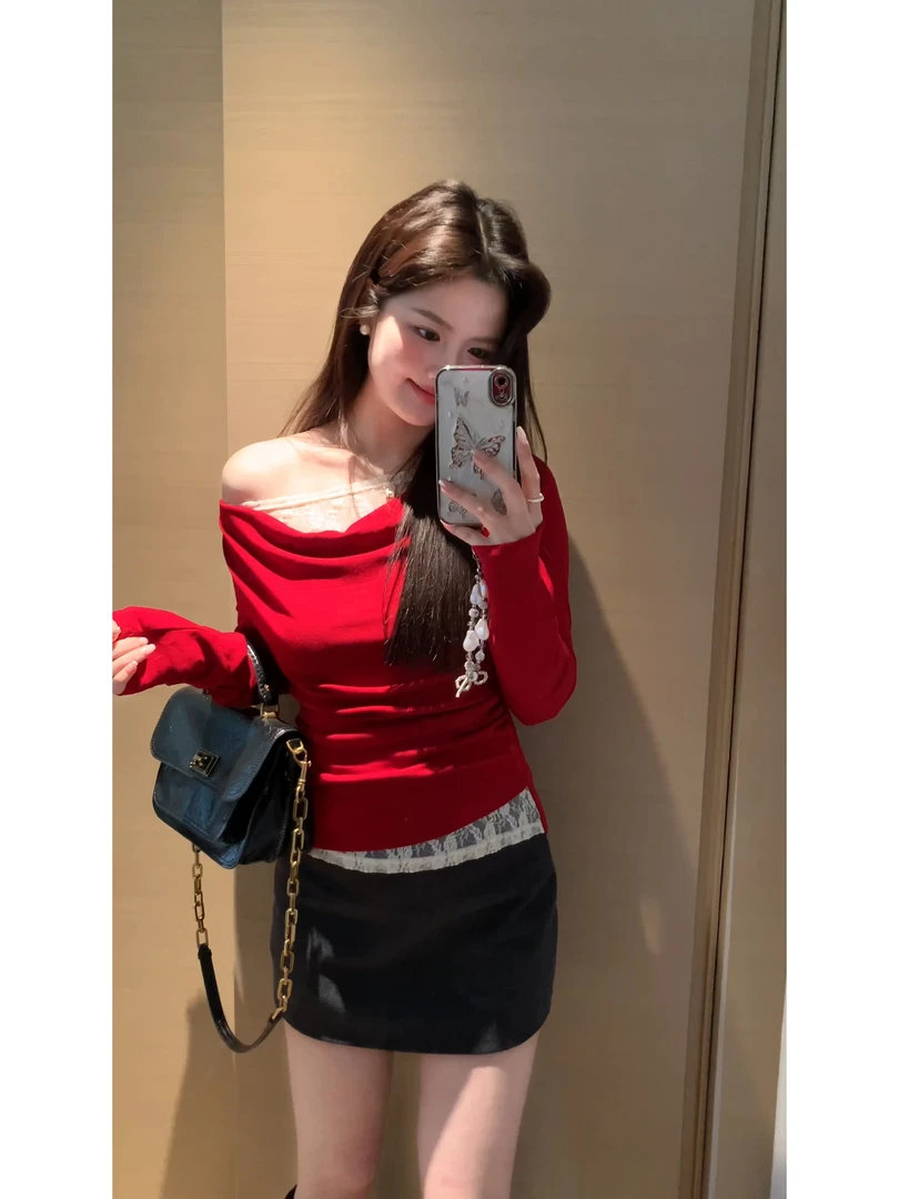 【肉肉】纯欲风一字斜肩蕾丝拼接长袖T恤女收腰气质设计感红色上衣