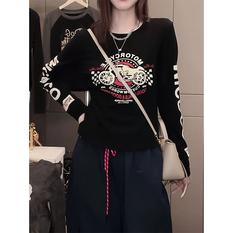 杜拉妮字母印花长袖t恤女2025秋季新款修身显瘦内搭打底衫上衣女