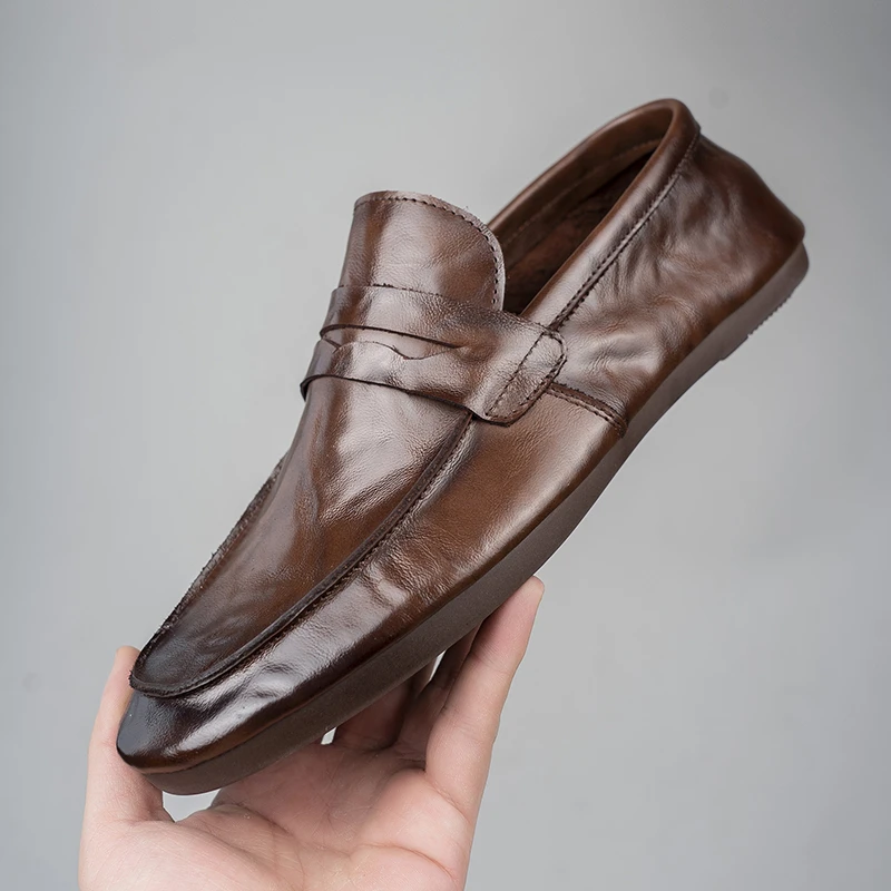 夏季头层牛皮懒人一脚蹬豆豆鞋男士真皮软皮透气时尚休闲鞋25022