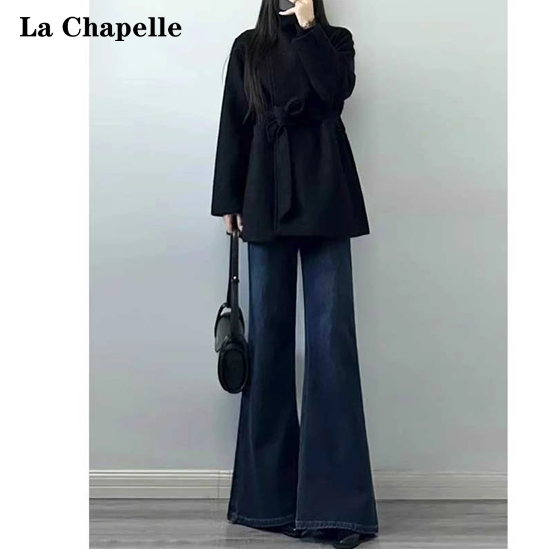 拉夏贝尔遮胯不贴腿微喇牛仔裤女冬季2025新款弹力高腰显瘦喇叭裤